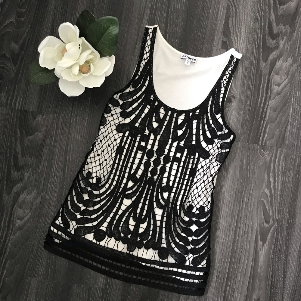 EXPRESS black on white crochet overlay tank